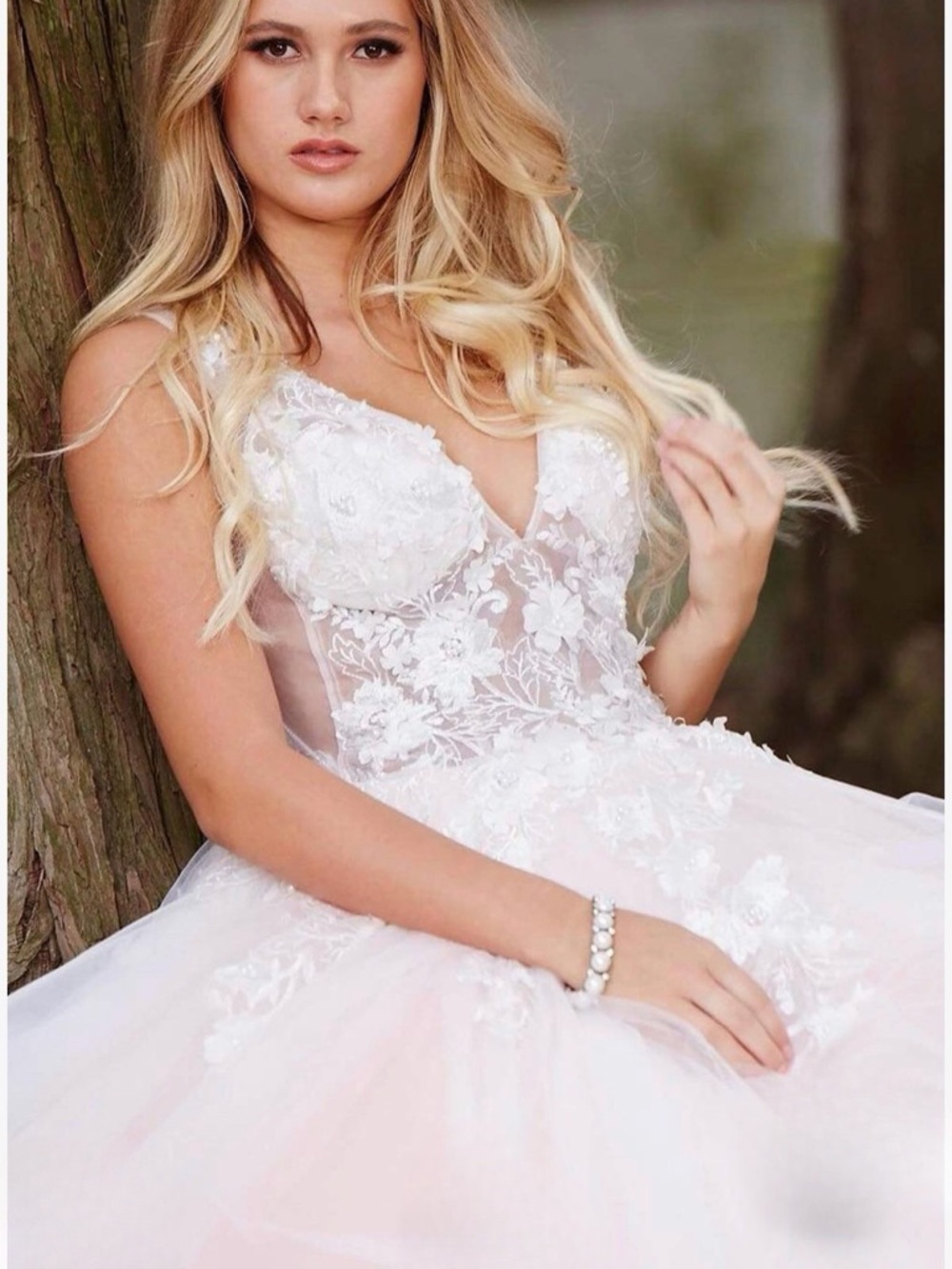 Jovani Blush Pink Tulle Gown with Off-White Floral Lace Appliqué - Picture 4 of 5